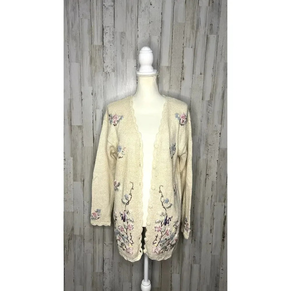 Crystal-Kobe Sweaters - Vintage 80s Crystal Kobe Floral Embroidered Knit Cardigan Beige Women's‎ Medium